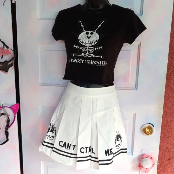 Pleated "Can't control me" cyber goth skirt w flaming skulls! SOLD@hosted store - Picture 1 of 6